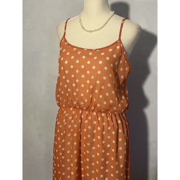 Almost Famous Orange Cream Polka Dot Hi Low Blouson Tank Midi Dress Juniors - Picture 3 of 10